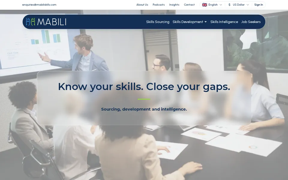 Screenshot of the Mabili homepage: ‘Know your skills. Close your gaps.’