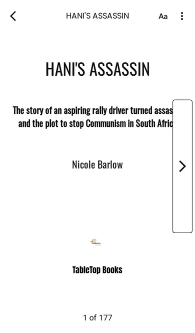 The e-reader on a phone: the title page of Hani’s Assassin, with back, text settings and menu controls and a page counter
