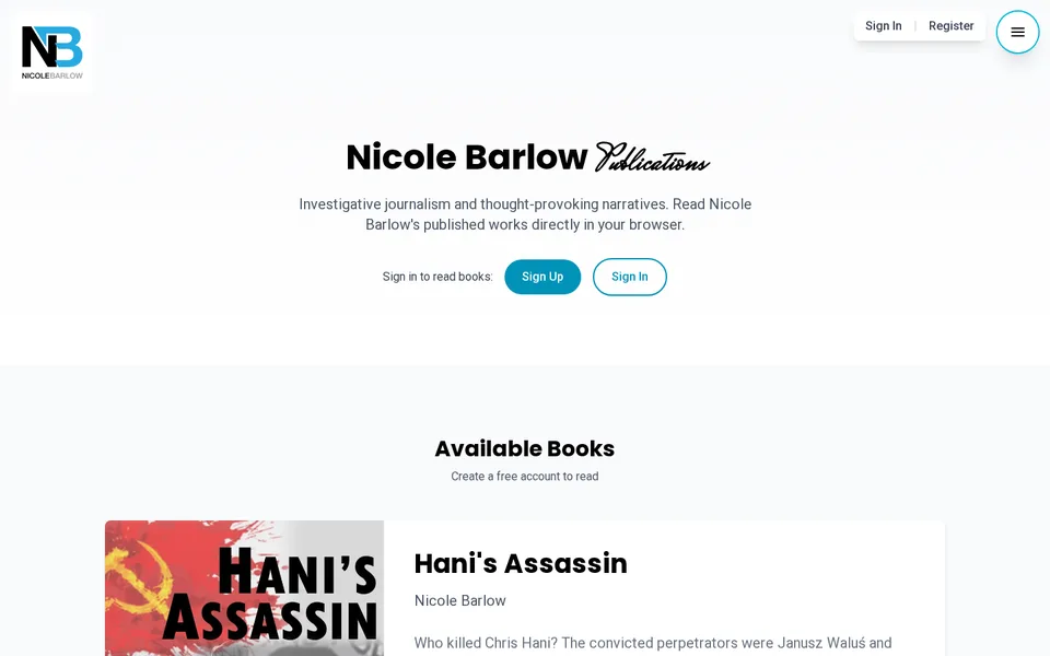 Nicole Barlow Publications on desktop: the book catalogue with sign-up and sign-in