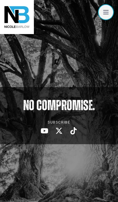 Nicole Barlow’s author website on a phone: the NB logo, menu and ‘No compromise.’ banner with subscribe links
