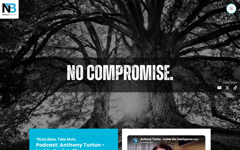Nicole Barlow’s author website on desktop: the ‘No compromise.’ homepage with her latest podcast and video